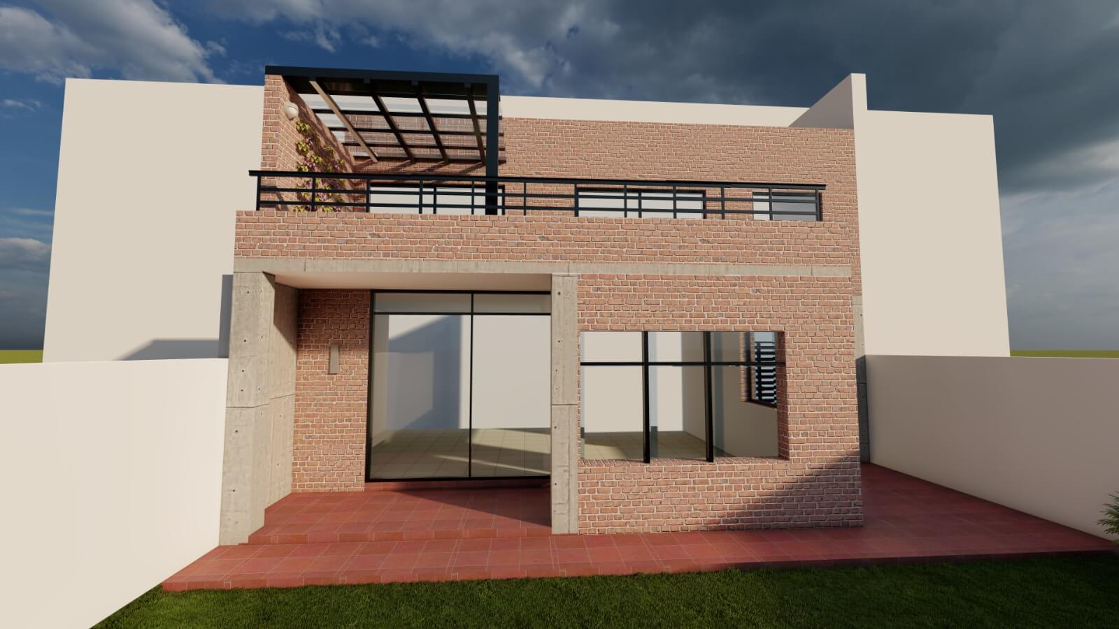 Fachada de vivienda en ladrillo visto con columnas de hormigón, ventanales y terraza con pérgola metálica y barandas negras.
