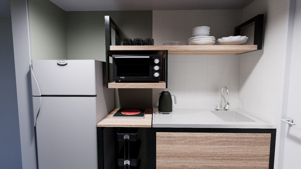 Cocina pequeña con heladera, estantes de madera, horno eléctrico empotrado, anafe y mesada blanca con bacha.