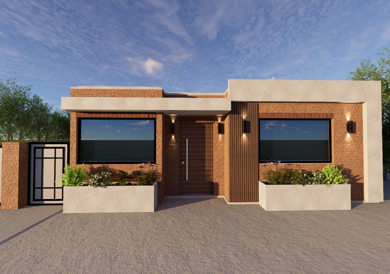 Diseño de fachada moderna en ladrillo y revoque claro.